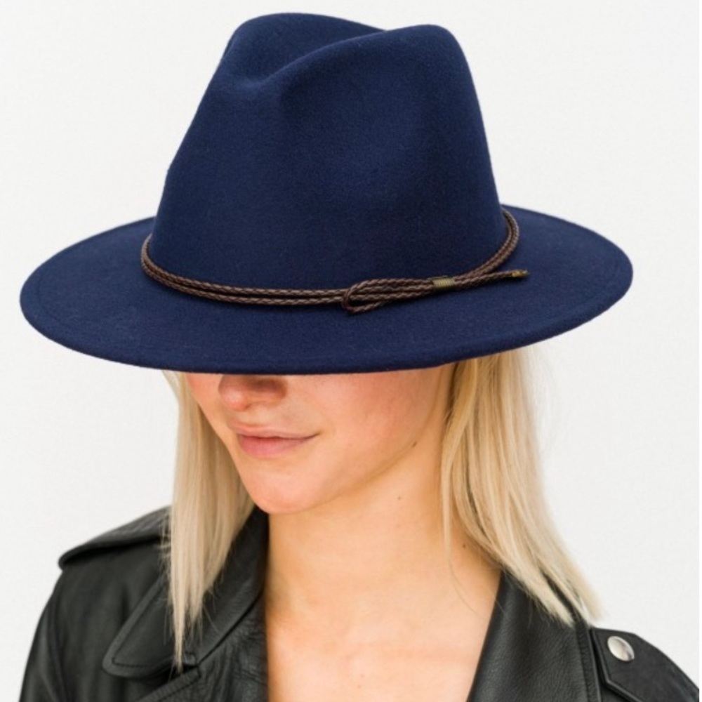 Felt Panama hat featuring thin braided faux leather band detail.